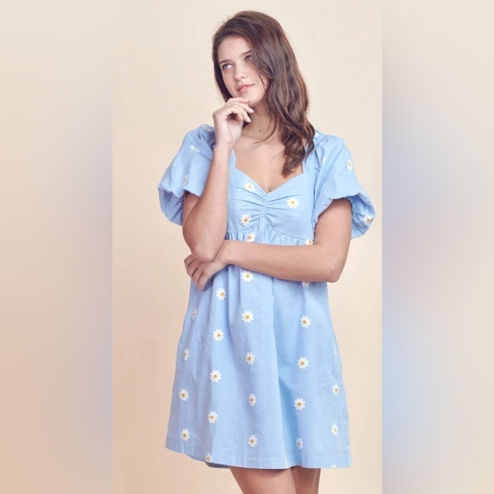 Attard state Blu/Wht Daisy Embroidered Bubble S/S Dress with pockets